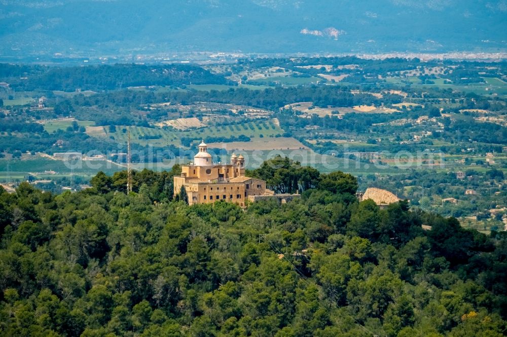 Aerial image Petra - Complex of buildings of the monastery Santuari de la Mare de Deu de Bonany with the shrine of the same name La Mare de Deu de Bonany in Petra in Balearic island of Mallorca, Spain