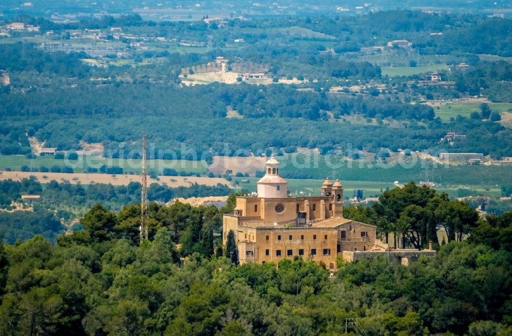 Petra from above - Complex of buildings of the monastery Santuari de la Mare de Deu de Bonany with the shrine of the same name La Mare de Deu de Bonany in Petra in Balearic island of Mallorca, Spain