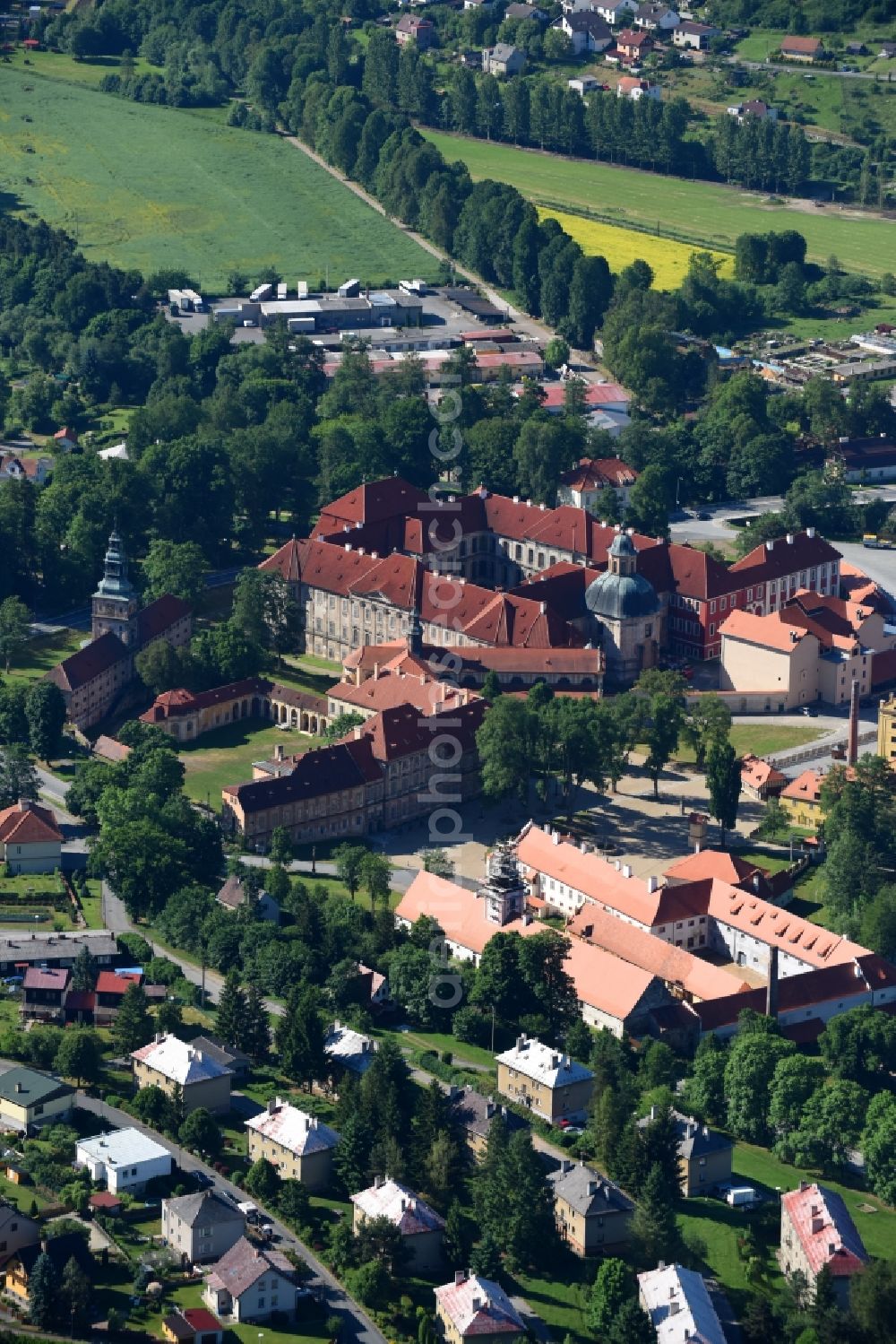 Plasy from the bird's eye view: Complex of buildings of the monastery in Plasy in Plzensky kraj - Pilsner Region - Boehmen, Czech Republic