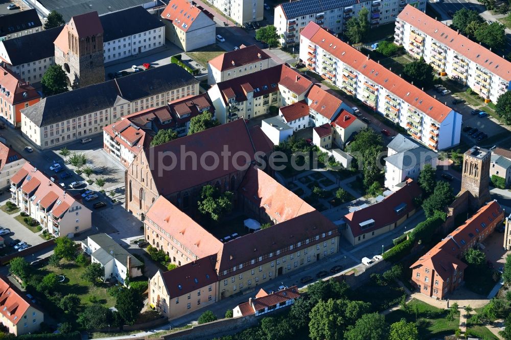 Prenzlau from above - Complex of buildings of the monastery Dominikanerkloster Prenzlau on Uckerwiek in Prenzlau in the state Brandenburg, Germany