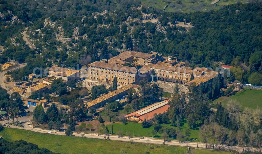 Escorca from above - Complex of buildings of the monastery Santuari de Lluc in Escorca at Serra de Tramuntana in Balearic islands, Spain