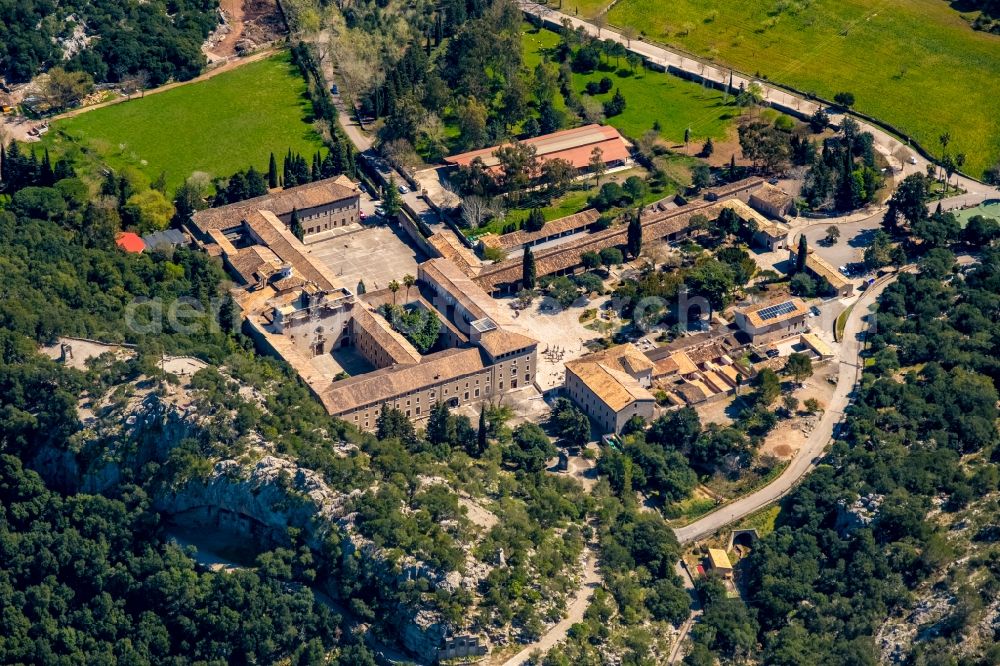 Escorca from above - Complex of buildings of the monastery Santuari de Lluc in Escorca at Serra de Tramuntana in Balearic islands, Spain