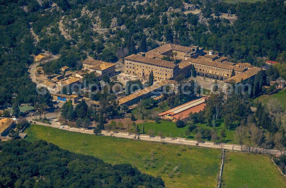 Escorca from above - Complex of buildings of the monastery Santuari de Lluc in Escorca at Serra de Tramuntana in Balearic islands, Spain