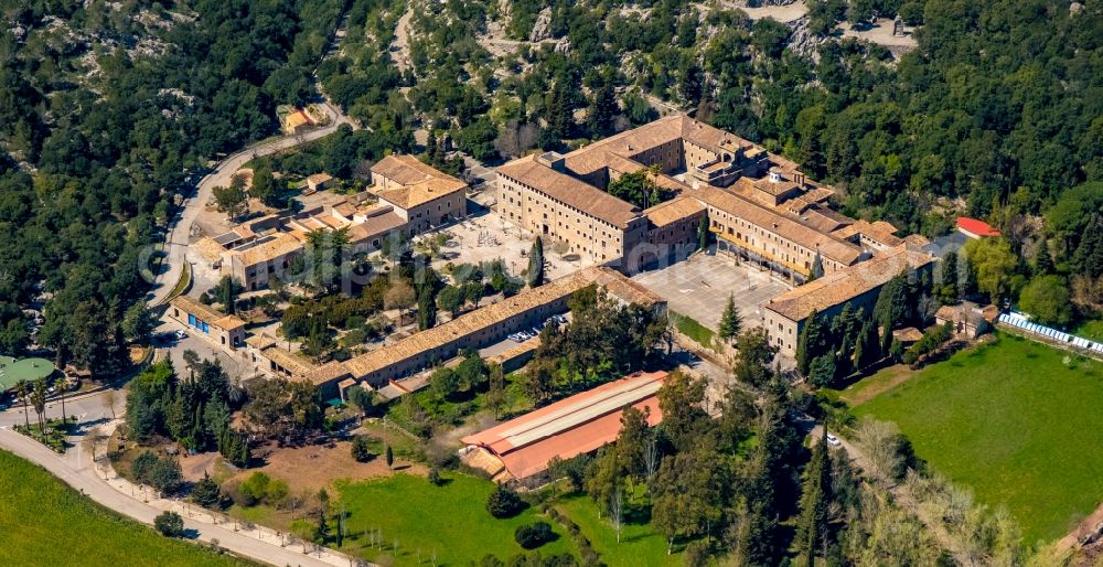 Escorca from the bird's eye view: Complex of buildings of the monastery Santuari de Lluc in Escorca at Serra de Tramuntana in Balearic islands, Spain