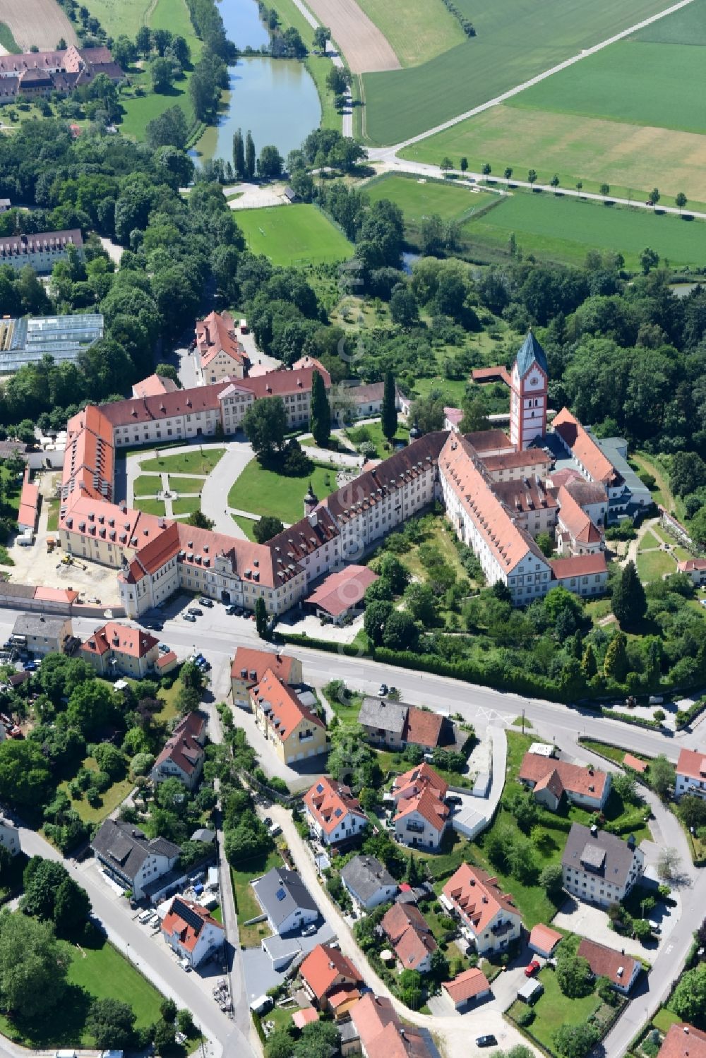 Scheyern from above - Complex of buildings of the monastery Benediktinerabtei Scheyern on Schyrenplatz in Scheyern in the state Bavaria, Germany