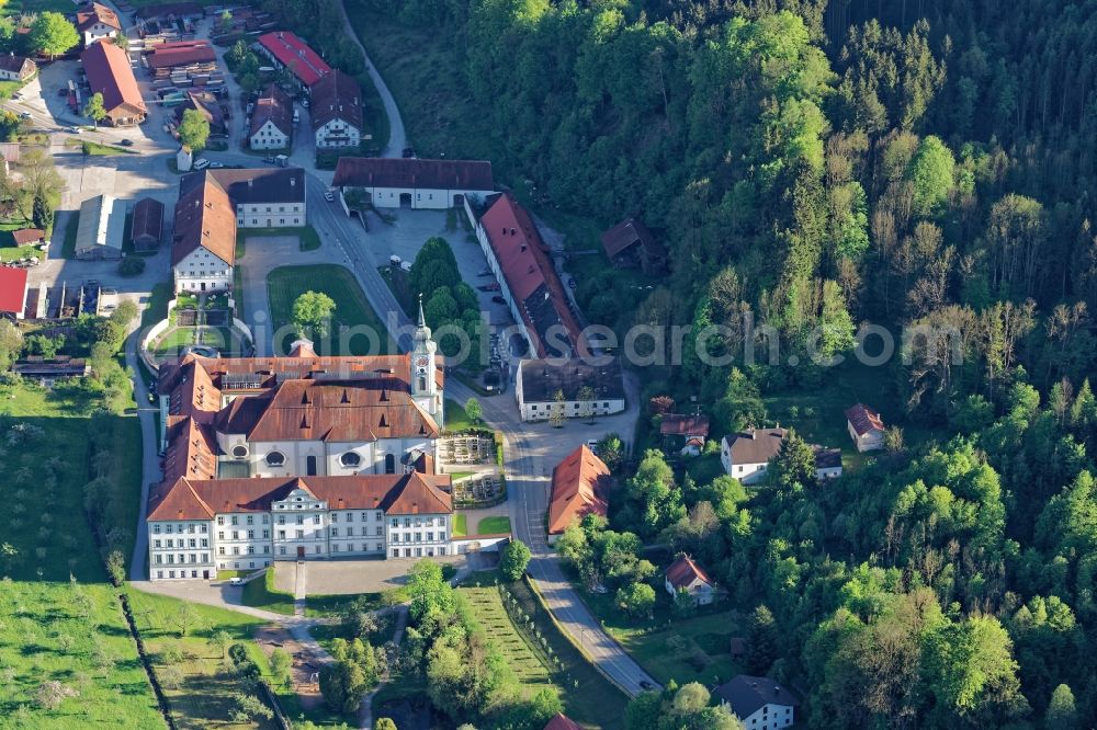 Schäftlarn from above - Complex of buildings of the monastery Schaeftlarn in Schaeftlarn in the state Bavaria, Germany