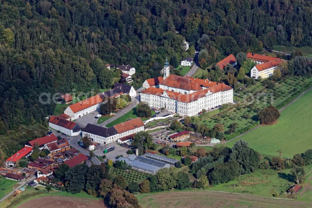 Schäftlarn from above - Complex of buildings of the monastery Schaeftlarn in Schaeftlarn in the state Bavaria, Germany