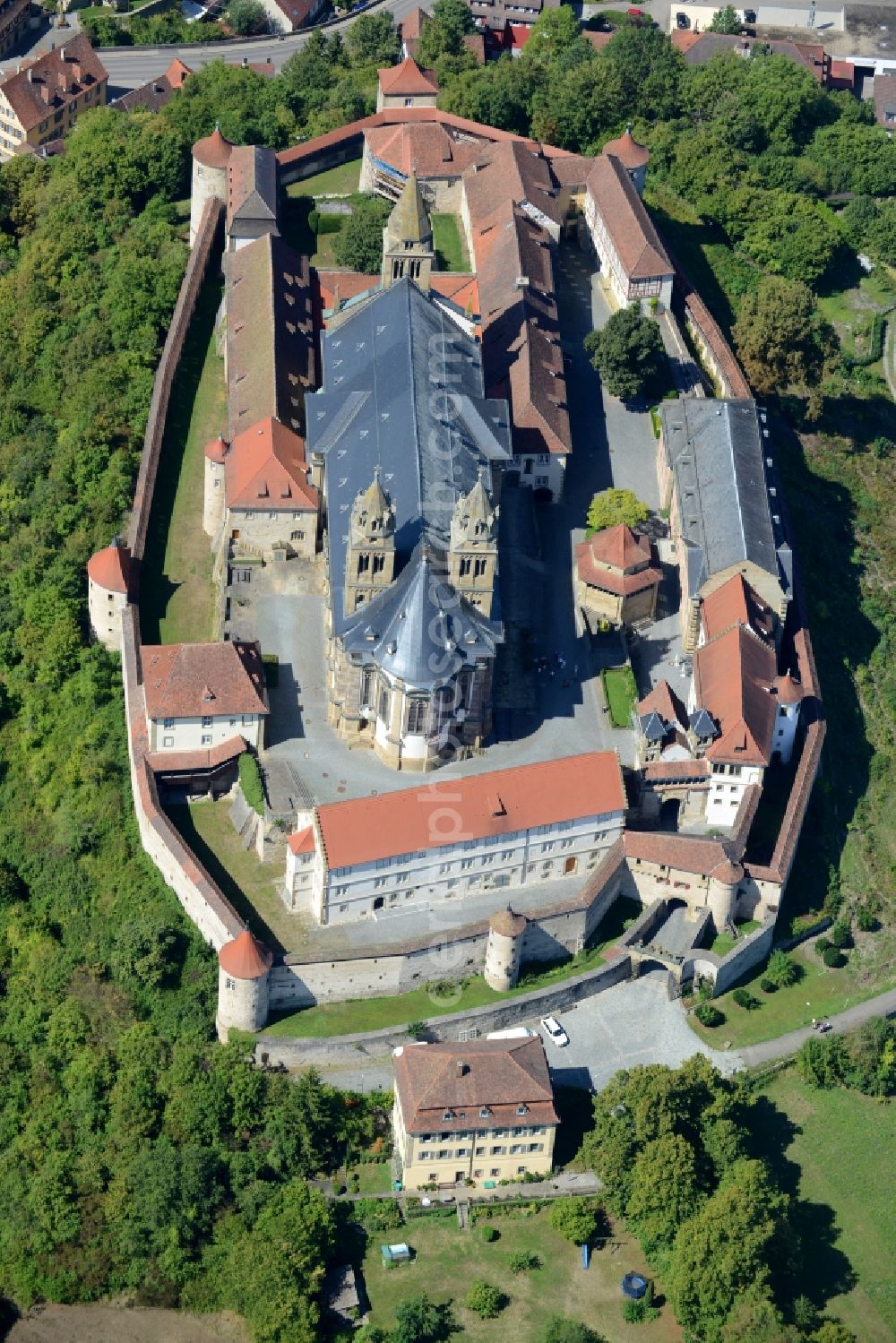 Aerial image Schwäbisch Hall - Complex of buildings of the monastery Kloster Comburg in Schwaebisch Hall in the state Baden-Wuerttemberg