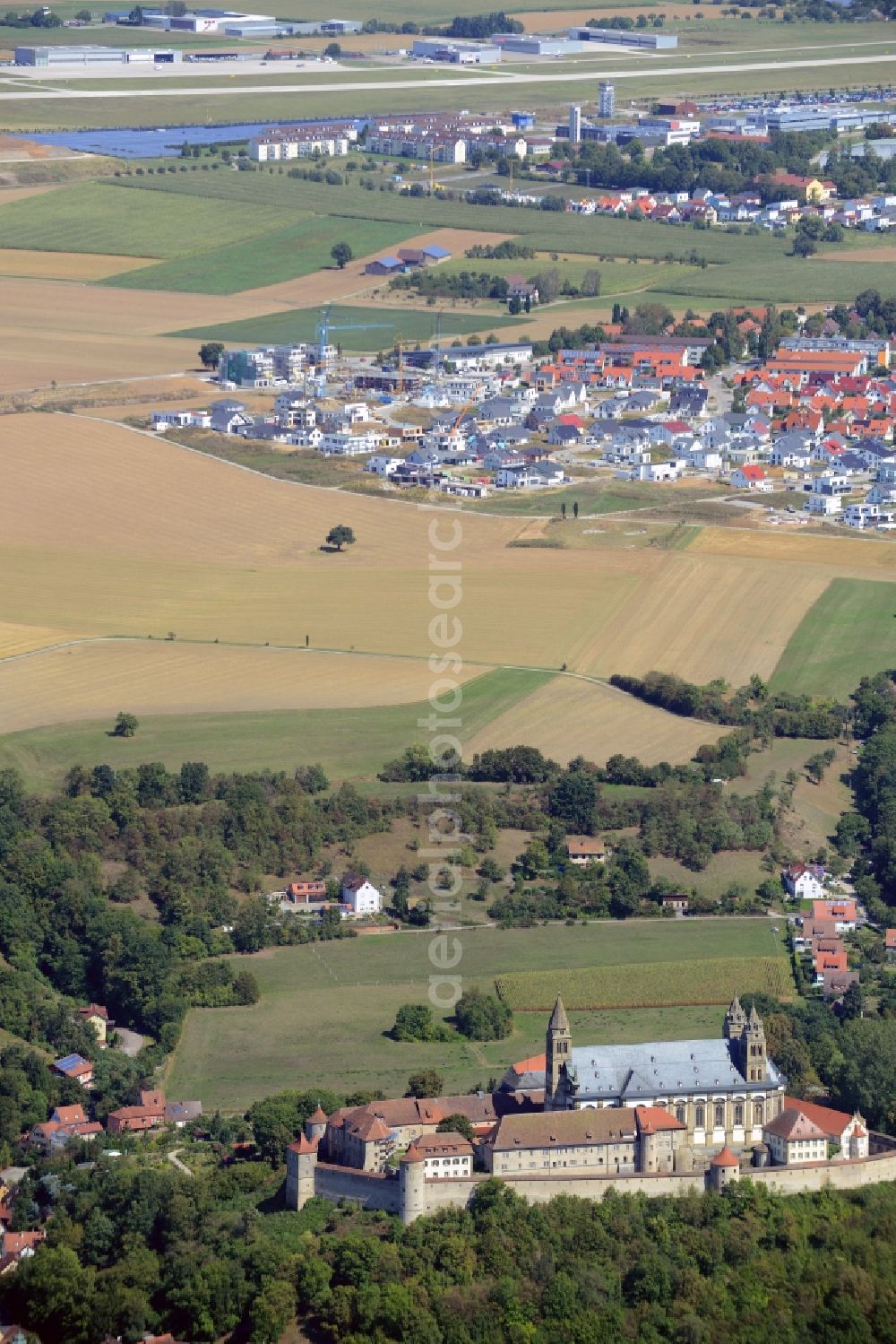 Schwäbisch Hall from above - Complex of buildings of the monastery Comburg and church St.Johannes Baptist in Schwaebisch Hall in the state Baden-Wuerttemberg