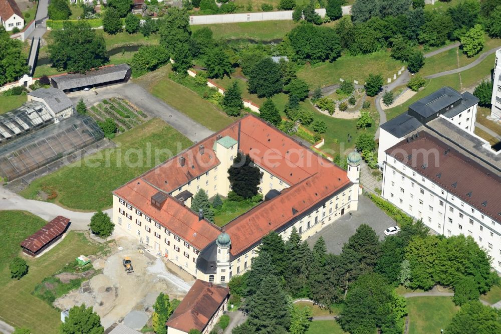 Straubing from above - Complex of buildings of the monastery Kloster Azlburg on Azlburger Strasse in Straubing in the state Bavaria, Germany