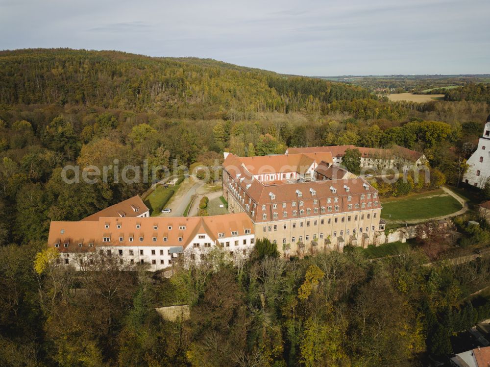 Wechselburg from the bird's eye view: Complex of buildings of the monastery of Wechselburg in the state of Saxony. The benedictine compound includes a late-romanic Basilika. The church is parochial church and a place of pilgrimage