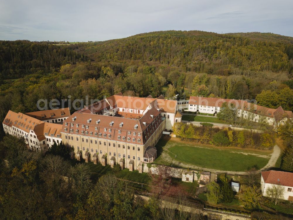 Wechselburg from above - Complex of buildings of the monastery of Wechselburg in the state of Saxony. The benedictine compound includes a late-romanic Basilika. The church is parochial church and a place of pilgrimage