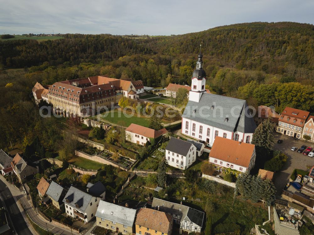 Wechselburg from the bird's eye view: Complex of buildings of the monastery of Wechselburg in the state of Saxony. The benedictine compound includes a late-romanic Basilika. The church is parochial church and a place of pilgrimage