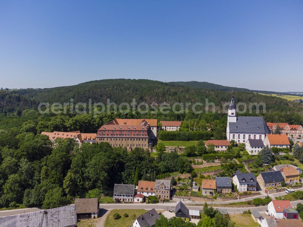 Wechselburg from the bird's eye view: Complex of buildings of the monastery of Wechselburg in the state of Saxony. The benedictine compound includes a late-romanic Basilika. The church is parochial church and a place of pilgrimage