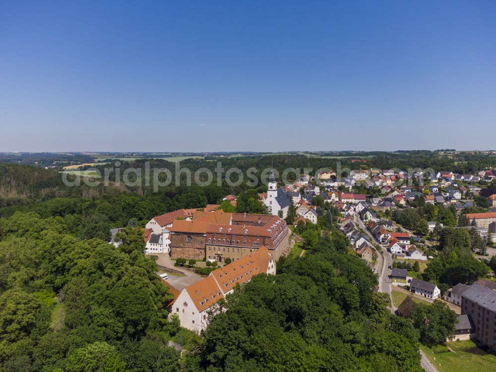 Aerial image Wechselburg - Complex of buildings of the monastery of Wechselburg in the state of Saxony. The benedictine compound includes a late-romanic Basilika. The church is parochial church and a place of pilgrimage