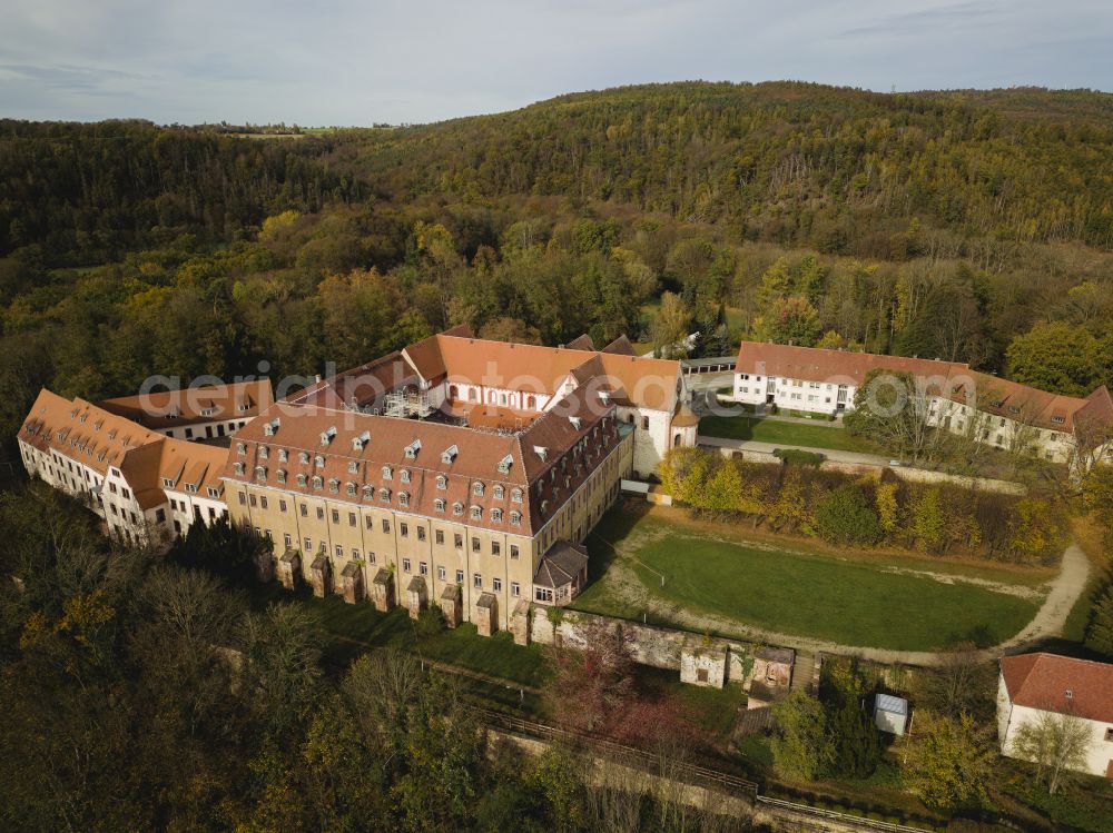 Wechselburg from above - Complex of buildings of the monastery of Wechselburg in the state of Saxony. The benedictine compound includes a late-romanic Basilika. The church is parochial church and a place of pilgrimage