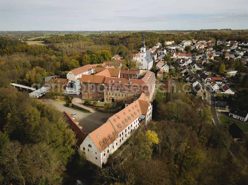 Wechselburg from the bird's eye view: Complex of buildings of the monastery of Wechselburg in the state of Saxony. The benedictine compound includes a late-romanic Basilika. The church is parochial church and a place of pilgrimage