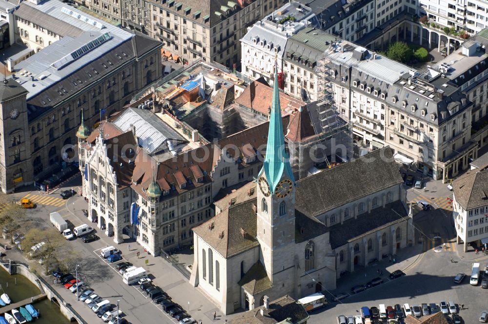 Zürich from above - Complex of buildings of the monastery Fraumuensterkirche on Stadthaus in the district Lindenhof in Zurich, Switzerland