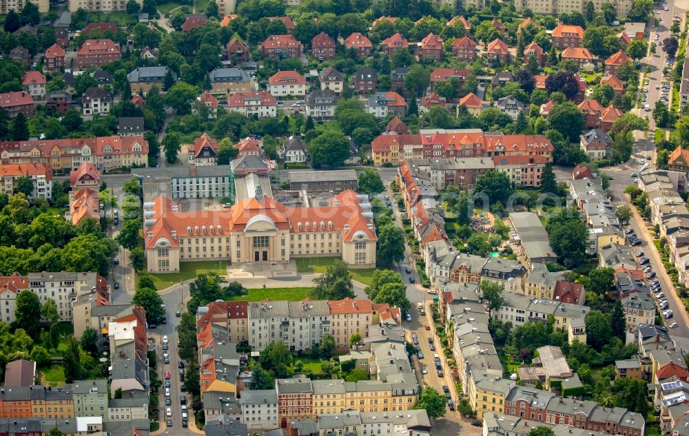 Schwerin from above - Building complex of the Landgericht Schwerin Demmlerplatz court of in Schwerin in the state Mecklenburg - Western Pomerania