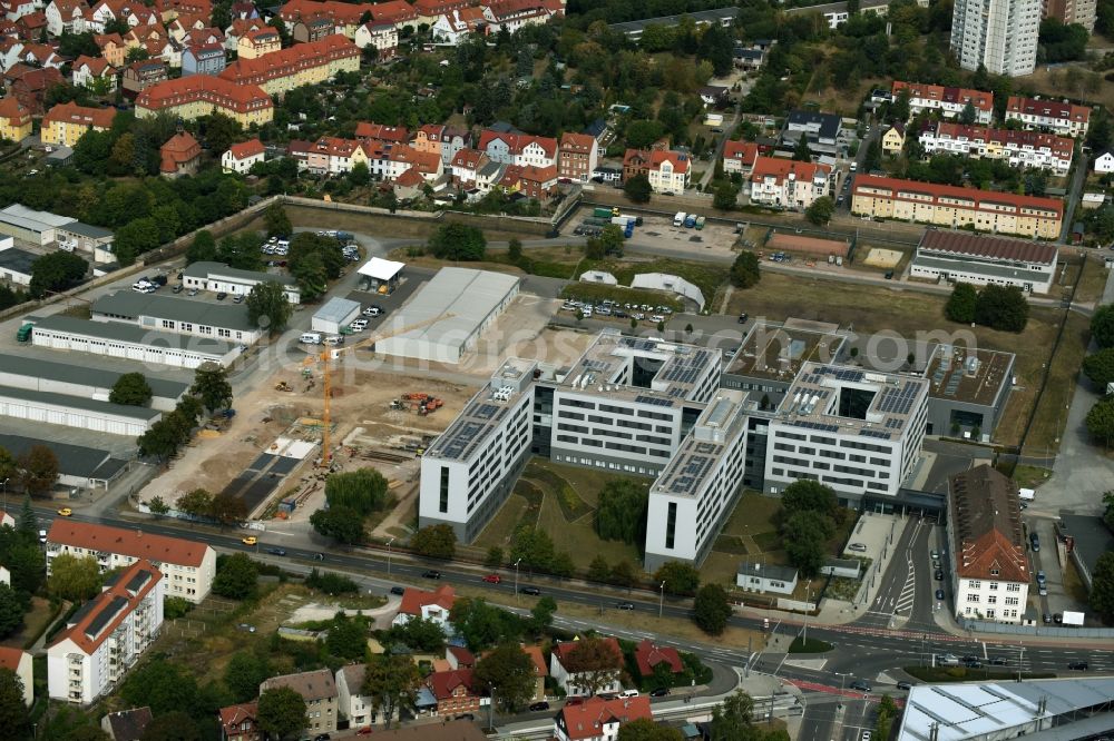 Erfurt from above - Building complex of the Lka Thueringen in Erfurt in the state Thuringia. On its left side there is a construction side for more buildings for the Lka Thueringen