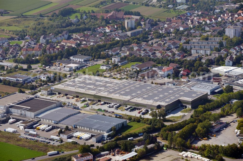 Markgröningen from above - Building complex and distribution center on the site der cargopack packaging company for industrial goods mbH in Markgroeningen in the state Baden-Wuerttemberg