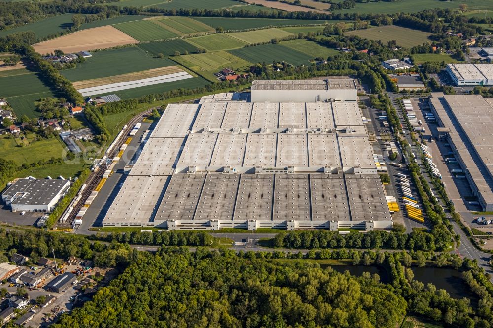 Aerial image Unna - Building complex and distribution center on the site of DHL Solutions GmbH on Giesserstrasse in the district Alte Heide in Unna in the state North Rhine-Westphalia, Germany