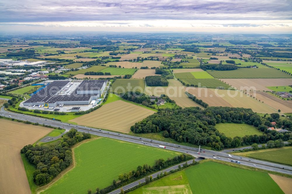 Rhynern from above - Building complex and distribution center on the site of the Edeka Hamm Logistikzentrum in Rhynern in the state North Rhine-Westphalia