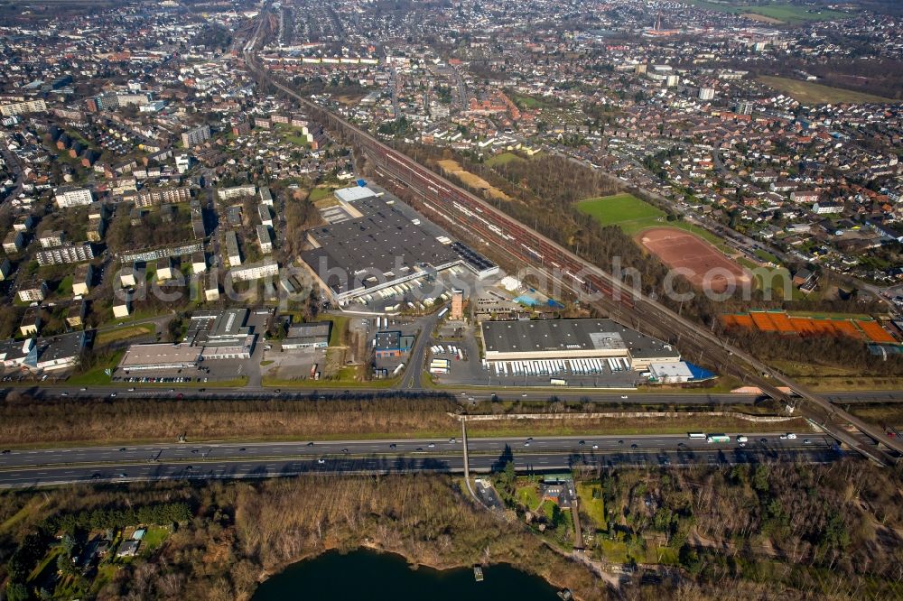 Moers from the bird's eye view: Building complex and distribution center on the site EDEKA on Ruhrorter Strasse in Moers in the state North Rhine-Westphalia