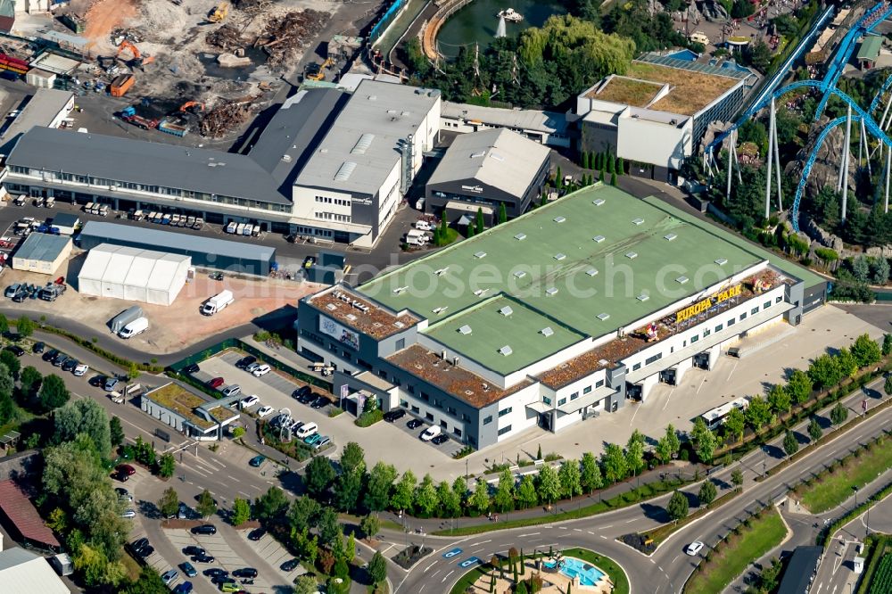 Rust from above - Building complex and distribution center on the site of Europa-Parks in Rust in the state Baden-Wurttemberg, Germany