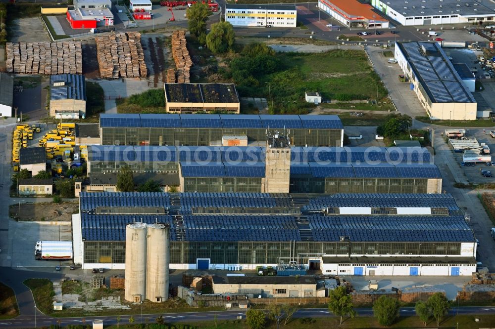 Magdeburg from the bird's eye view: Building complex and distribution center on the site of Gewerbegebiets am August-Bebel-Damm in Magdeburg in the state Saxony-Anhalt, Germany