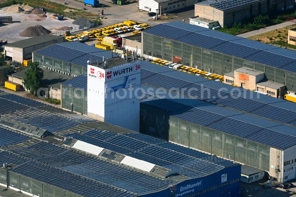 Magdeburg from the bird's eye view: Building complex and distribution center on the site of Gewerbegebiets am August-Bebel-Damm in Magdeburg in the state Saxony-Anhalt, Germany