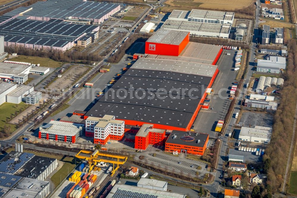 Bönen from above - Building complex and distribution center on the site KiK on Siemensstrasse in the district Westerboenen in Boenen in the state North Rhine-Westphalia, Germany