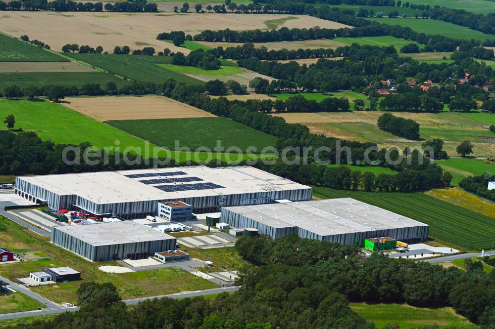 Aerial image Meitze - Building complex and distribution center on the site Lekkerland Logistikzentrum on street Torfkuhlenweg in Meitze in the state Lower Saxony, Germany