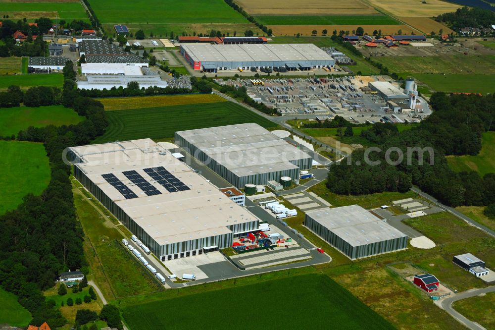 Meitze from the bird's eye view: Building complex and distribution center on the site Lekkerland Logistikzentrum on street Torfkuhlenweg in Meitze in the state Lower Saxony, Germany