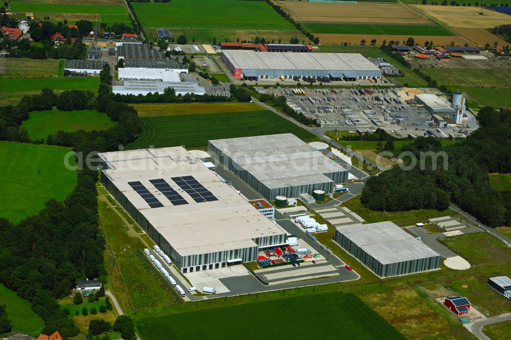 Meitze from above - Building complex and distribution center on the site Lekkerland Logistikzentrum on street Torfkuhlenweg in Meitze in the state Lower Saxony, Germany