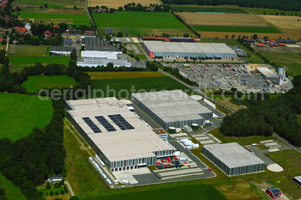 Meitze from the bird's eye view: Building complex and distribution center on the site Lekkerland Logistikzentrum on street Torfkuhlenweg in Meitze in the state Lower Saxony, Germany