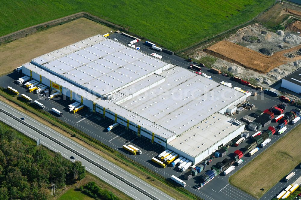 Thiendorf from above - Building complex and distribution center on the site Netto Zentrallager in Thiendorf in the state Saxony, Germany