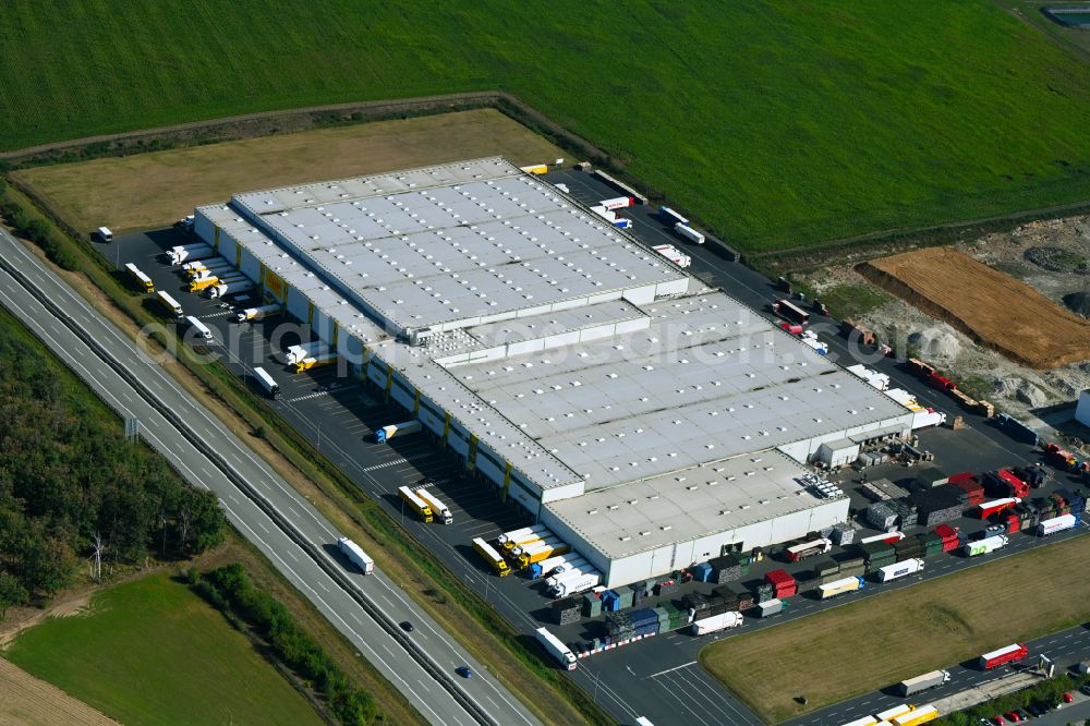 Thiendorf from the bird's eye view: Building complex and distribution center on the site Netto Zentrallager in Thiendorf in the state Saxony, Germany