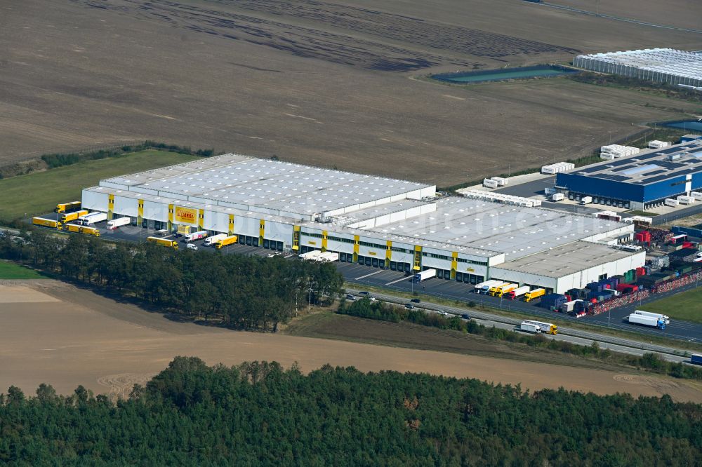 Aerial image Thiendorf - Building complex and distribution center on the site Netto Zentrallager in Thiendorf in the state Saxony, Germany