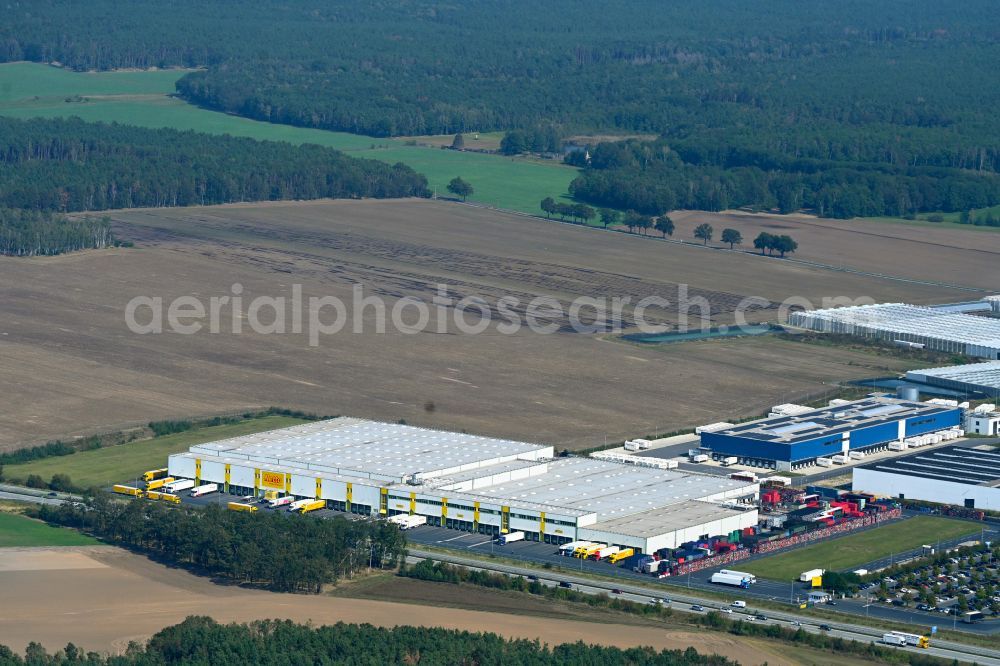 Thiendorf from above - Building complex and distribution center on the site Netto Zentrallager in Thiendorf in the state Saxony, Germany