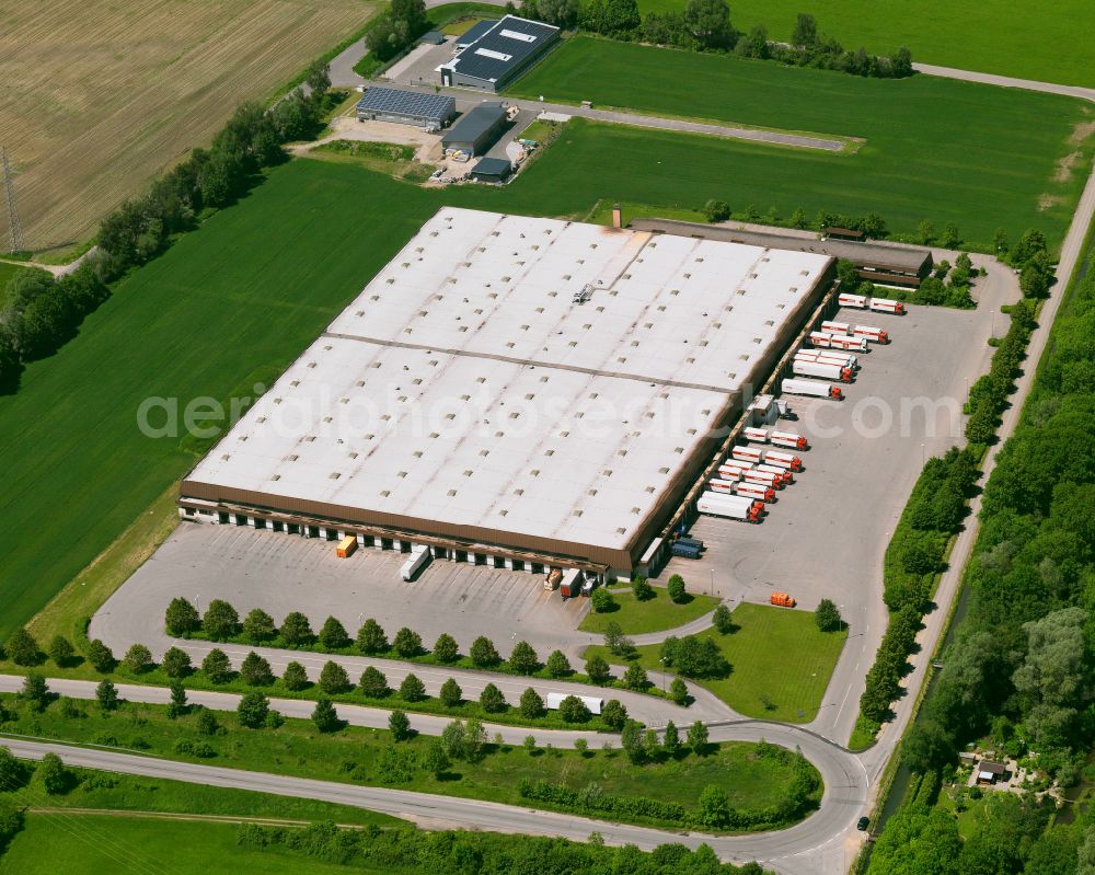 Aerial photograph Dettingen an der Iller - Building complex and distribution center on the site of NORMA Lebensmittelfilialbetrieb Stiftung & Co. KG on street Robert-Bosch-Strasse in Dettingen an der Iller in the state Baden-Wuerttemberg, Germany