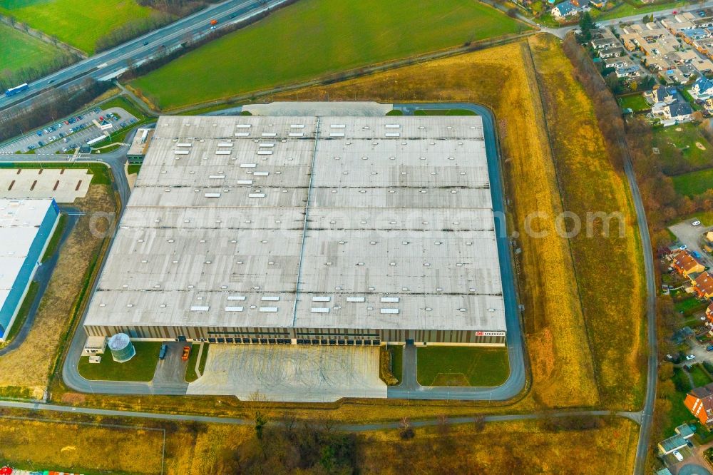 Bergkamen from the bird's eye view: Building complex and distribution center on the site DB Schenker on Ernst-von-Bodelschwing-Street in Bergkamen in the state North Rhine-Westphalia, Germany