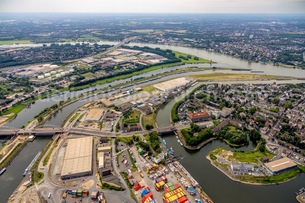 Duisburg from the bird's eye view: Building complex and distribution center on the site of Seacon Logistics GmbH and the CTV GmbH Zum Container Terminal - Alte Ruhrorter Strasse in the district Ruhrort in Duisburg at Ruhrgebiet in the state North Rhine-Westphalia, Germany