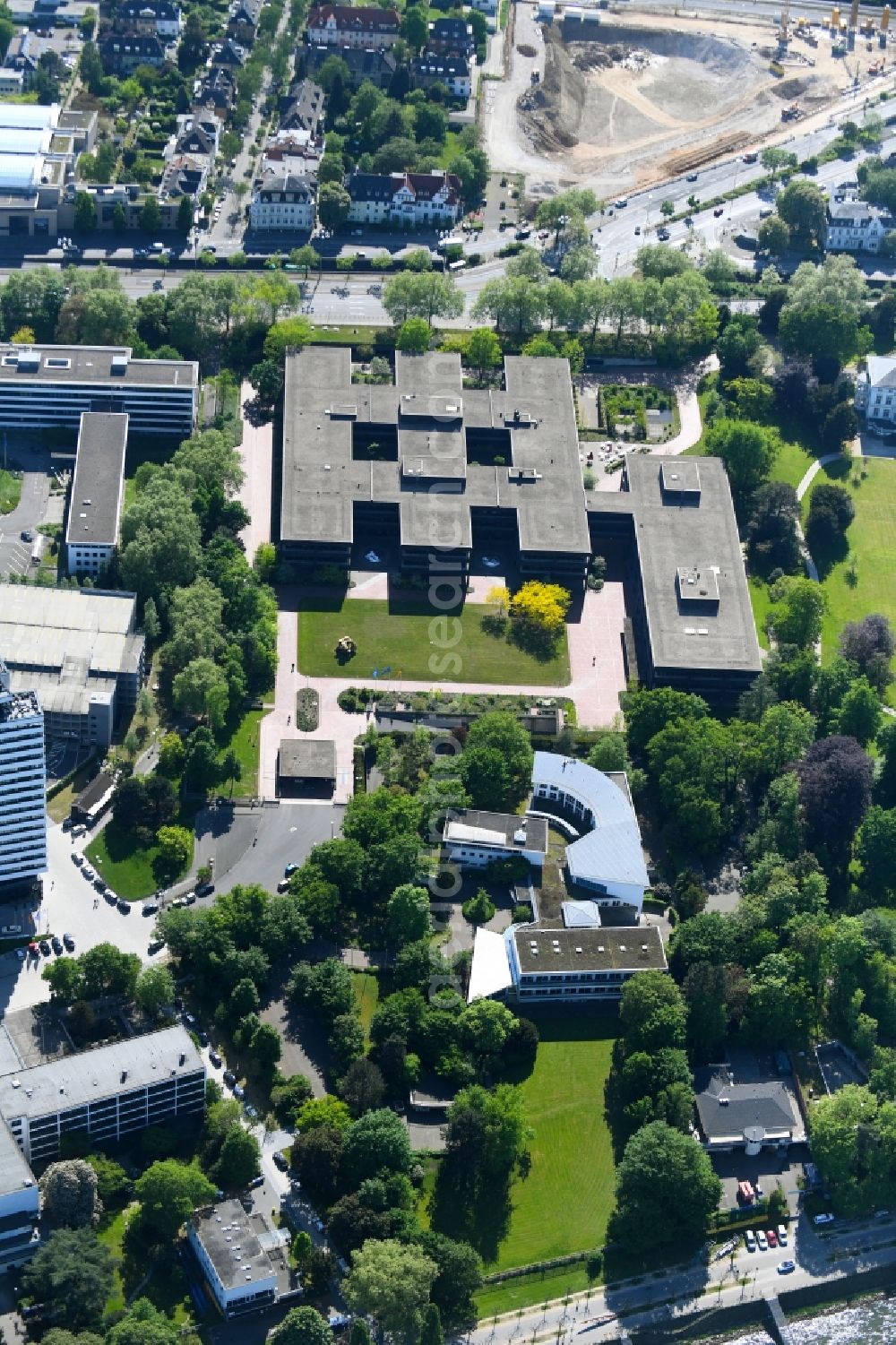 Bonn from above - Building complex of the Ministry Bandesministerium fuer wirtschaftliche Zusammenarbeit and Entwicklung BMZ in the district Gronau in Bonn in the state North Rhine-Westphalia, Germany