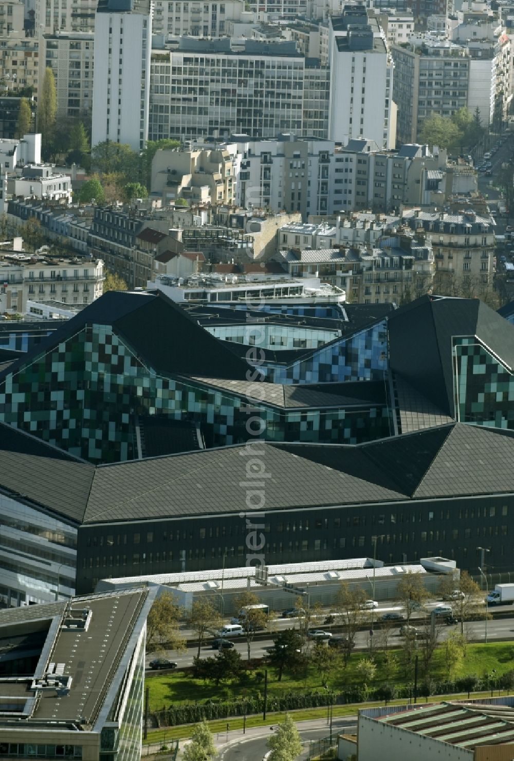 Aerial image Paris - Building complex of the Ministry of Defense in Hexagone Balard Avenue de la Porte de Sevres in Paris in Ile-de-France, France