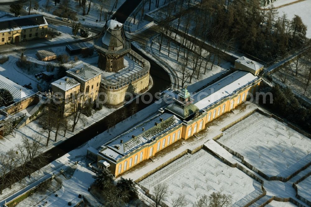 Aerial image Potsdam - Building complex of the New Chambers and the Historic Mill in the snow covered Sanssouci park in Potsdam in the state of Brandenburg