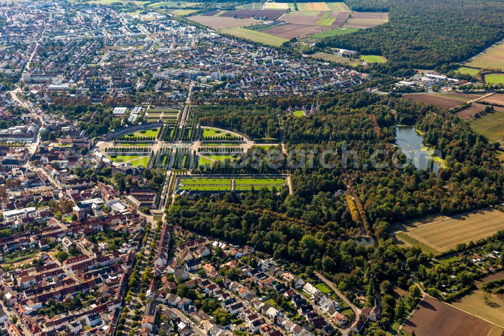 Schwetzingen from above - Building complex in the park of the castle Schloss Schwetzingen Mittelbau in Schwetzingen in the state Baden-Wurttemberg, Germany