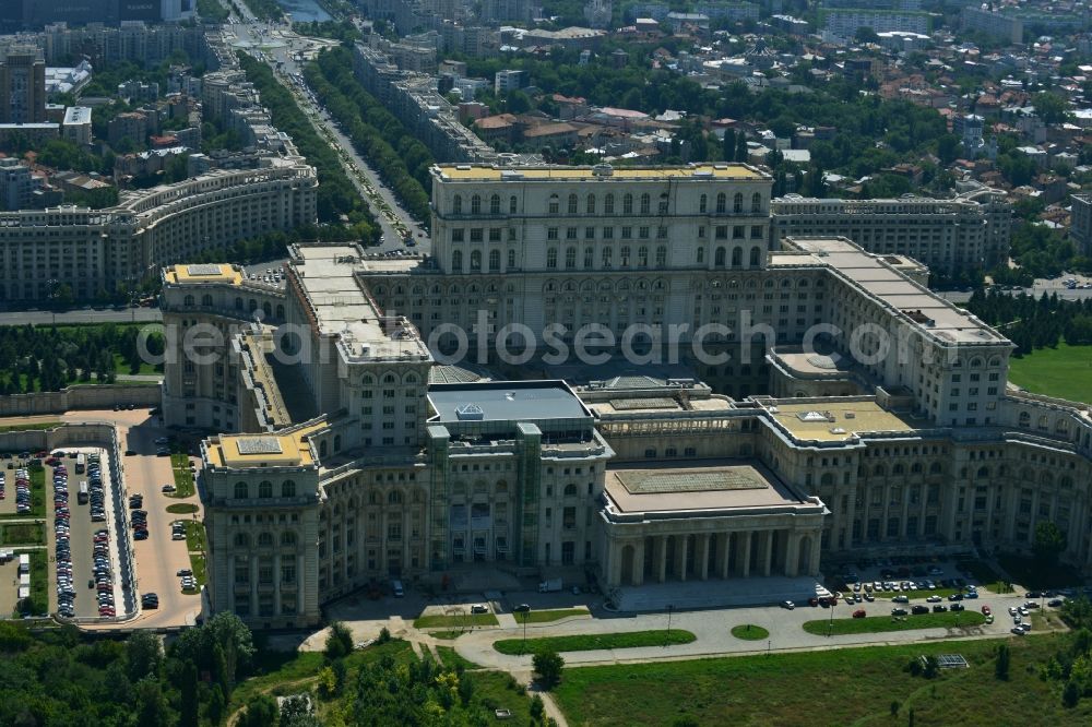 Bukarest from above - View of the building Palace of the People in Bucharest, Romania. The magnificent building at the same time used as the parliamentary seat is built in real-socialist, Stalinist embossed power architecture and also houses the National Museum of Contemporary Art