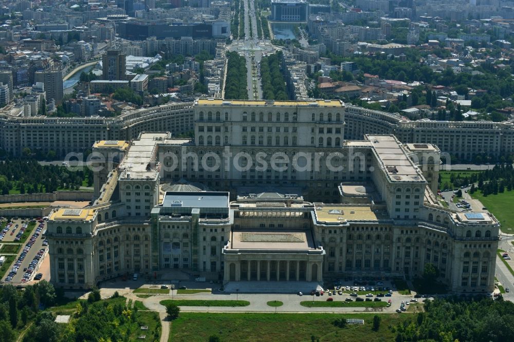 Bukarest from the bird's eye view: View of the building Palace of the People in Bucharest, Romania. The magnificent building at the same time used as the parliamentary seat is built in real-socialist, Stalinist embossed power architecture and also houses the National Museum of Contemporary Art