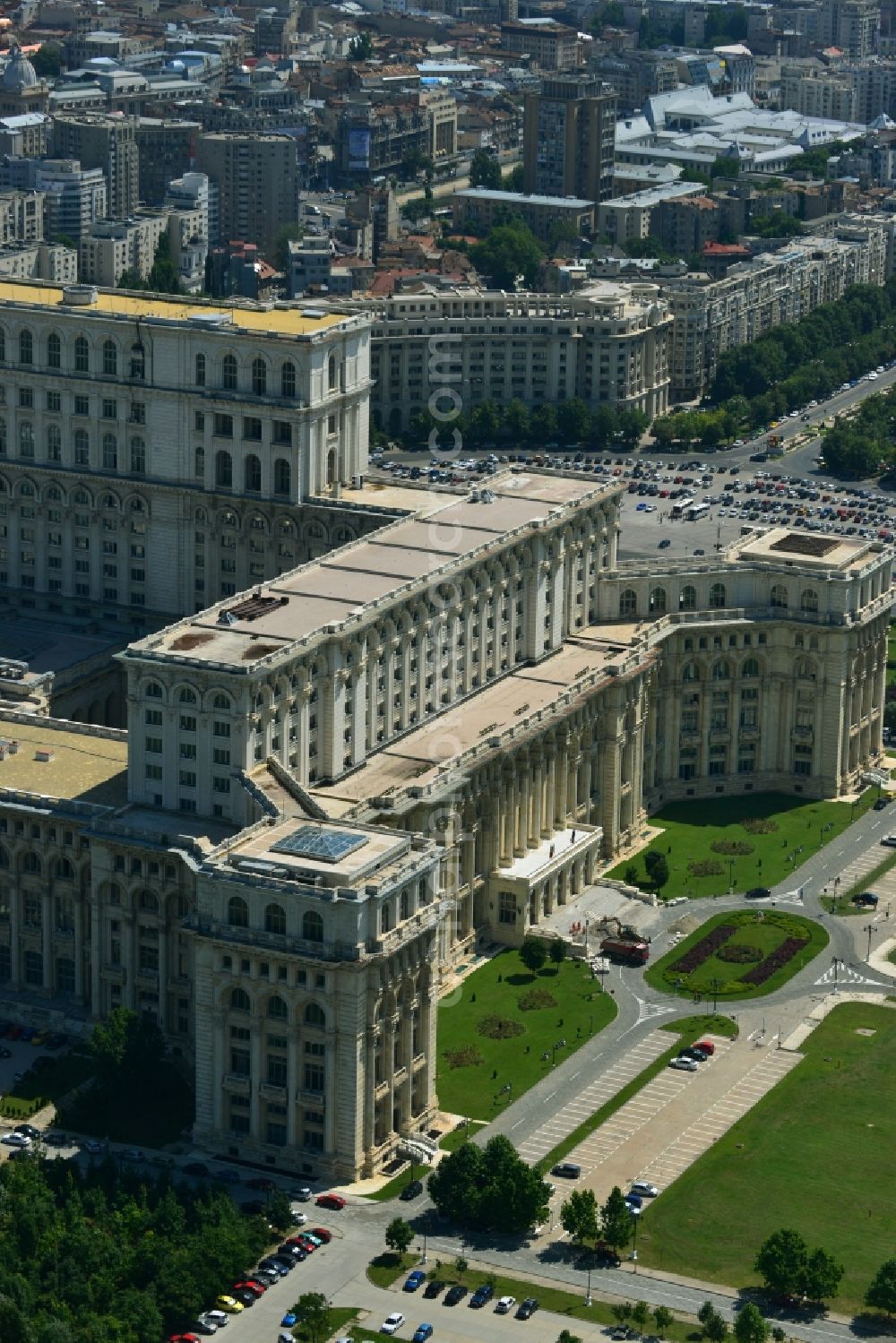 Bukarest from above - View of the building Palace of the People in Bucharest, Romania. The magnificent building at the same time used as the parliamentary seat is built in real-socialist, Stalinist embossed power architecture and also houses the National Museum of Contemporary Art